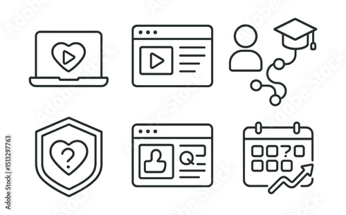 Line style icons of social media: e-learning via social icon, content course layout, creator learning path, social media training badge, post improvement tips, interactive quiz card, daily skill