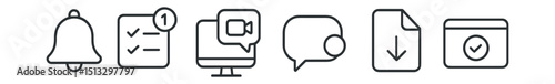 Line style icons of remote work: notifications icon, task update badge, meeting alert bubble, new comment ping, file received indicator, follow-up action prompt, system status pop-up.