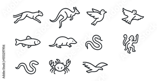 Line style icons of animal locomotion diversity: running cheetah, hopping kangaroo, flying bird, gliding squirrel, swimming fish, burrowing mole, slithering snake, crawling crab, climbing monkey,