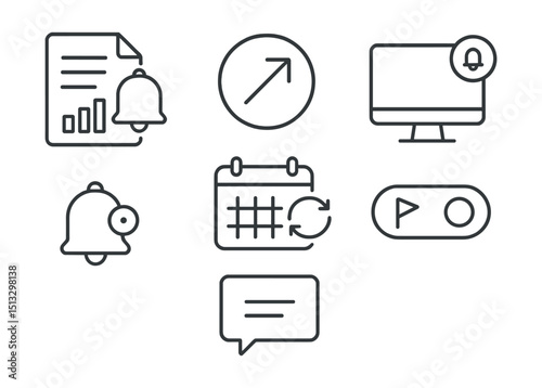Line style icons of project management: project notification icon, update alert badge, task ping screen, reminder bell layout, calendar sync symbol, milestone alert toggle, new message popup.