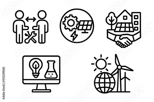 Line style icons of sustainable energy: cross-sector collaboration icon, tech and energy partnership badge, public-private green project, research-industry synergy panel, global energy cooperation