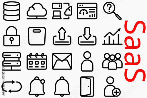 SaaS Icon Set – 24 Minimal Line Icons for Cloud Software, Dashboard, Data Storage, User Management, and Web Applications