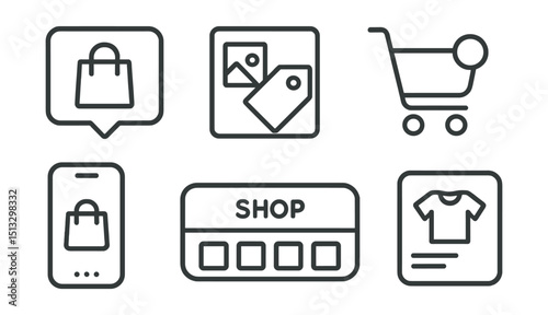 Line style icons of social media: shopping via social icon, product tag in post, in-app cart badge, shoppable story screen, “buy now” button icon, shop collection tab, item preview modal.