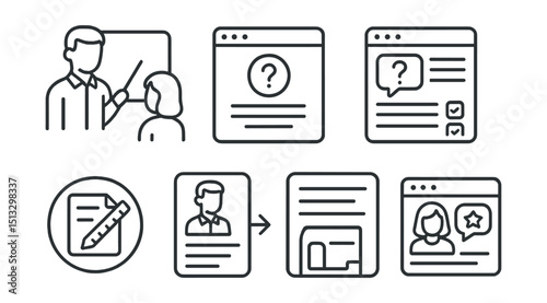 Line style icons of education and learning platforms: teacher support icon, help center panel, instructor FAQ screen, request resource badge, training for teachers card, onboarding guide layout,