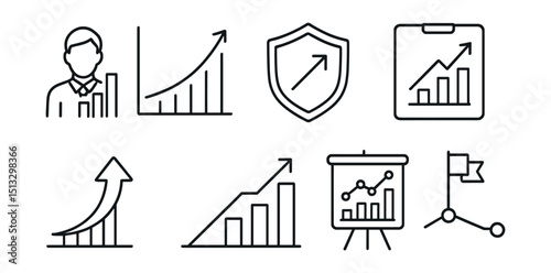 Line style icons of business innovation: business growth icon, revenue curve chart, expansion strategy badge, growth forecast layout, scaling path panel, investor pitch metrics, success milestone