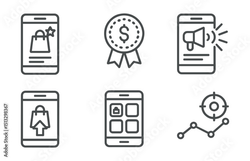 Line style icons of social media: featured product icon, sponsored content badge, brand promotion card, product post boost, catalog in feed view, story product feature, ad tracking symbol.