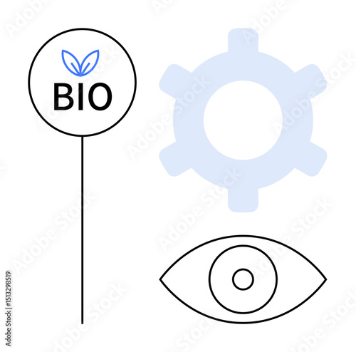 Bio label with leaves, gear symbol, and outlined eye. Ideal for environment, sustainability, technology, innovation, ecology vision and awareness. Clean flat simple metaphor