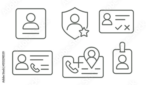 Line style icons of business innovation: user profile screen, role definition badge, team alignment panel, user permissions layout, contact information card, member view tracker, contributor identity