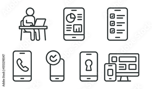 Line style icons of remote work: mobile work icon, phone-based dashboard, app-based task manager, mobile sync badge, call from mobile screen, remote access via phone, responsive layout symbol.