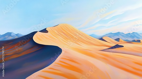 Desert landscape with sand dunes under a bright blue sky and distant mountains.