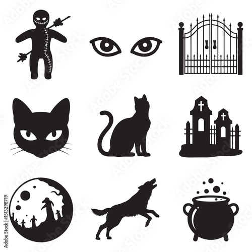 Spooky halloween icons black silhouettes collection