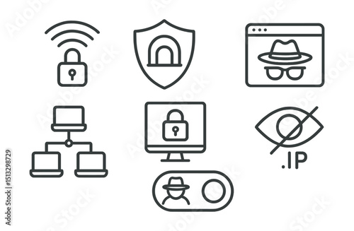 Line style icons of cybersecurity and privacy: VPN connection icon, secure tunnel badge, private browsing screen, encrypted network layout, remote access lock, hidden IP symbol, anonymous connection
