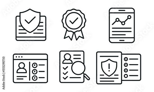 Line style icons of cybersecurity and privacy: security log icon, audit trail badge, activity tracker screen, login history panel, action report card, event timestamp list, breach attempt viewer.