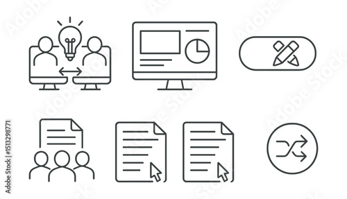 Line style icons of remote work: remote co-creation icon, shared slide deck screen, collaborative prototype panel, edit together toggle, team document builder, side-by-side edit mode, version merge