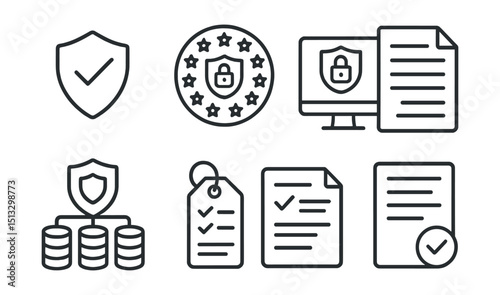 Line style icons of cybersecurity and privacy: compliance icon, GDPR badge, privacy policy screen, legal agreement panel, data governance layout, regulation checklist tag, consent form card.