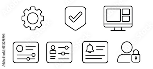 Line style icons of project management: settings gear icon, workspace preferences badge, layout configuration screen, theme toggle panel, permission settings card, notification controls layout,