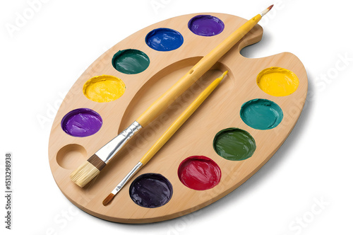 Wooden artist palette with colorful paints and brushes isolated on transparent background for creative design, painting tools, or art education visuals
 photo