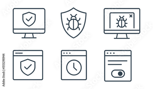 Line style icons of cybersecurity and privacy: antivirus software icon, threat shield badge, full system scan panel, virus quarantine screen, clean result card, scan history layout, malware blocker