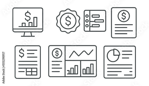 Line style icons of project management: budgeting screen icon, project cost badge, resource allocation chart, funding request card, expense report layout, finance tracker dashboard, budget summary