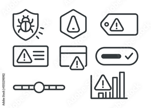 Line style icons of cybersecurity and privacy: threat severity icon, alert levels badge, critical issue tag, warning panel layout, system priority tracker, severity scale chart, status label toggle.