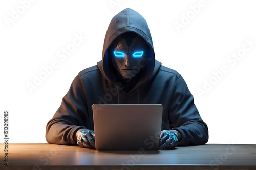 Cyberpunk hacker with glowing blue eyes and robotic hands using laptop, isolated on transparent background for cybersecurity, AI threat, or futuristic hacking concept
