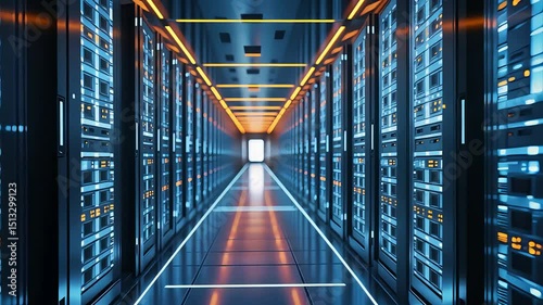 Modern data center with glowing server racks and illuminated pathway, showcasing advanced technology and digital storage infrastructure