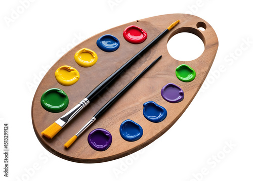 Wooden artist palette with colorful paint and brushes isolated on transparent background for creative design, painting tools, or art education concepts
 photo