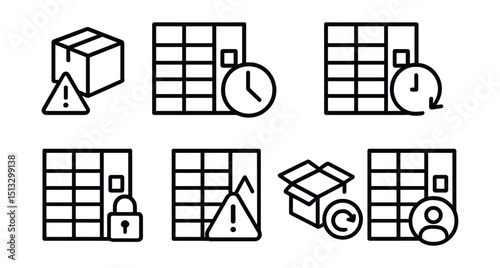 Line style icons of pickup points and parcel lockers: package not picked alert, overdue locker icon, locker reopen request, reschedule pickup symbol, expired locker access, lockout warning icon,