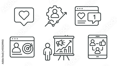 Line style icons of business innovation: social media engagement icon, follower chart badge, interaction stats layout, audience reach panel, campaign impact board, community engagement tracker, brand