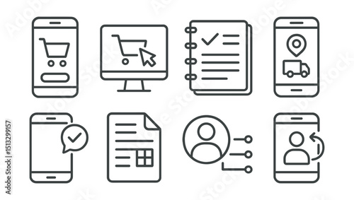 Line style icons of small business logistics: mobile order screen, DIY order system, order log on notebook, phone with delivery app, SMS order received icon, digital invoice sheet, personal CRM icon,