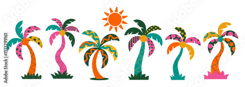 Set of abstract funky palm trees with bold geometric patterns and mid-century modern color palette. Trendy tropical design isolated on transparent background, perfect for summer retro projects