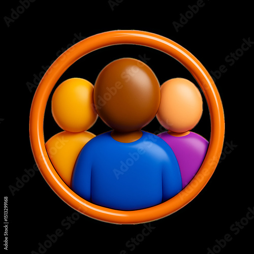 3D Community and Teamwork Icon: Diverse Group of People in Orange Circle on Black Background, Symbolizing Unity, Diversity, and Collaboration