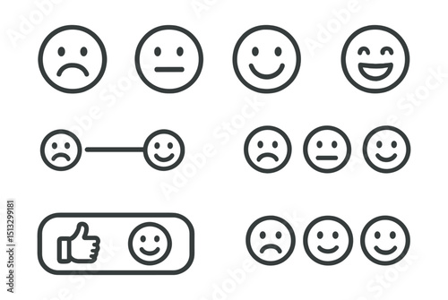 Line style icons of customer interaction: emotional reaction icons, quick feedback mood face, visual slider bar, low/high satisfaction faces, emotional scale for experience, sentiment reaction button
