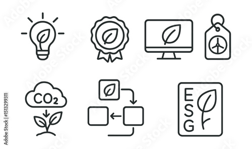 Line style icons of business innovation: environmental innovation icon, sustainable product badge, green business screen, CO2 offset tracker, eco-friendly workflow layout, ESG goal panel, renewable