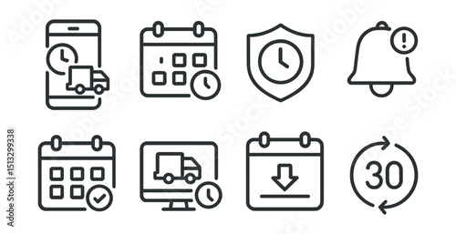 Line style icons of in-store pickup: pickup schedule screen, calendar with pickup slot, time window badge, scheduled time reminder, delayed pickup alert, available slot selector, reschedule pickup