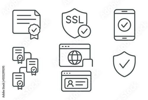 Line style icons of cybersecurity and privacy: digital certificate icon, SSL badge layout, verified connection screen, trusted website tag, certificate chain panel, domain identity card, security