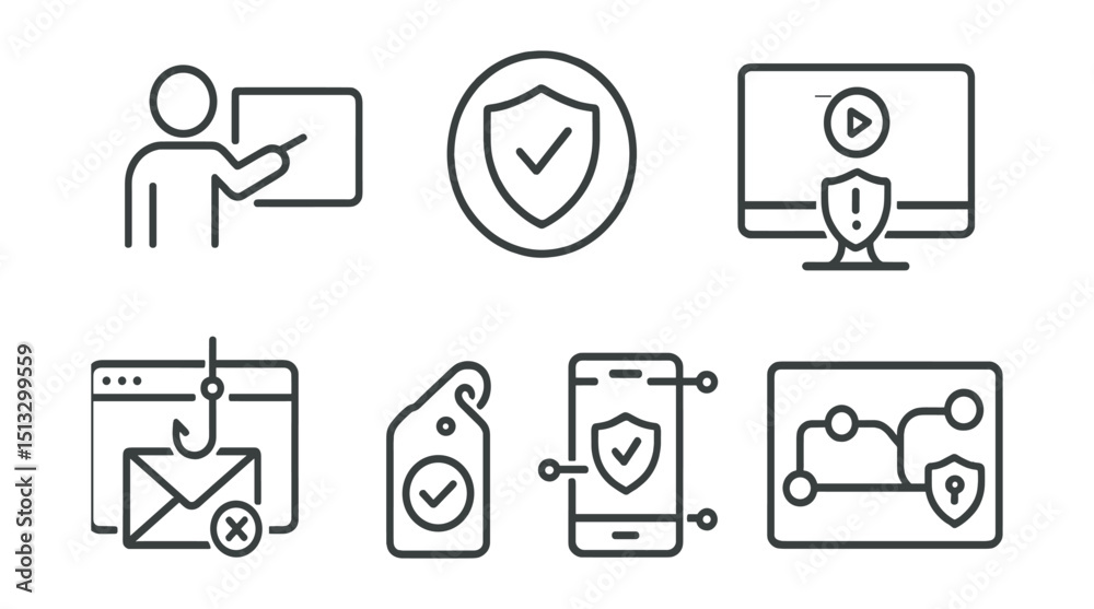 Line style icons of cybersecurity and privacy: security training icon, compliance module badge, awareness course screen, phishing simulation layout, lesson complete tag, safe behavior tracker,