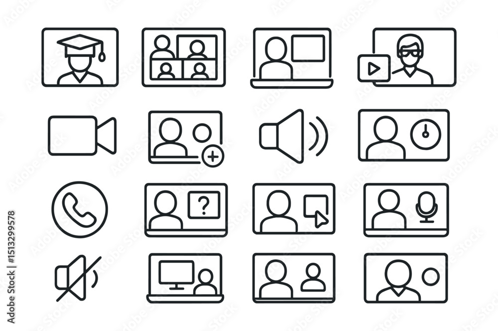 Line style icons of virtual calls and academic discussions: academic call, class Zoom icon, video lecture call, tutor session, camera icon, call invite, speaker icon, group video, voice-only call, Line style icons of virtual calls and academic discussions: academic call, class Zoom icon, video lecture call, tutor session, camera icon, call invite, speaker icon, group video, voice-only call,