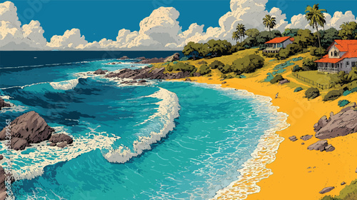 Coastal Paradise: An idyllic coastal landscape features a golden sandy beach, lush greenery, and crystal-clear turquoise waters under a vibrant blue sky, evoking a sense of serenity and escape.