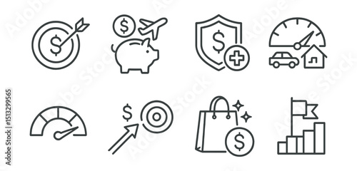 Line style icons of personal finance: financial goal icon, travel savings symbol, emergency fund badge, car or home goal tracker, goal meter icon, progress to target, dream purchase icon, milestone