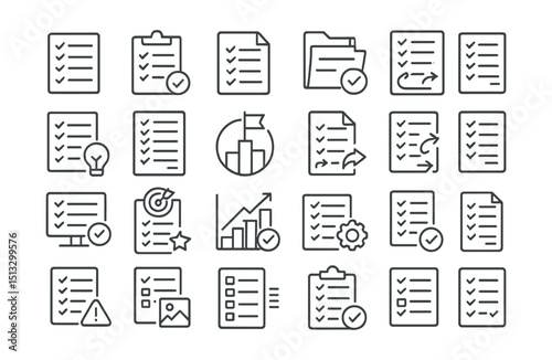 Line style icons of tasks and academic checklists: task list, course to-do, assignment icon, homework file, daily checklist, quiz task, study goal, weekly task, task progress, review checklist,