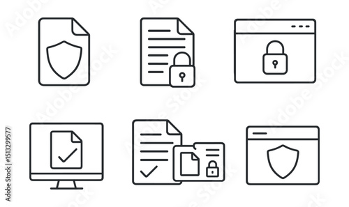 Line style icons of cybersecurity and privacy: file protection icon, document lock badge, secure PDF panel, watermark tag screen, file integrity checker, file access control card, protected content