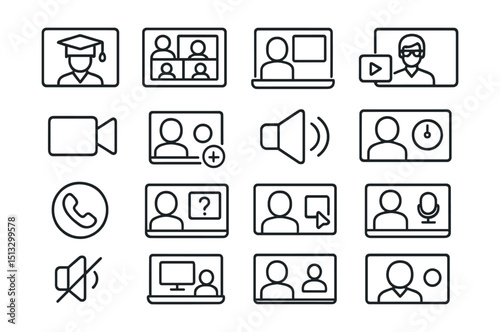 Line style icons of virtual calls and academic discussions: academic call, class Zoom icon, video lecture call, tutor session, camera icon, call invite, speaker icon, group video, voice-only call,