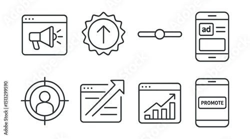 Line style icons of social media content: content promotion icon, reach boost badge, ad budget slider, sponsored post tag, target audience symbol, boosted visibility arrow, campaign result icon,