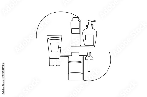 Continuous one line drawing of Hydrating facial skincare set for annual sale. Single line drawing illustration of Skincare ads template. Cosmetic package concept vector art. Doodle line illustration.