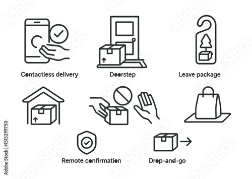 Line style icons of last mile delivery: contactless delivery icon, box at doorstep, leave package instruction tag, doorstep safe place icon, no-contact handoff icon, bag on mat icon, remote confirm