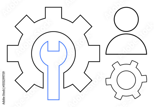 Gear and wrench emphasizing maintenance, collaboration, and technology alongside a person icon. Ideal for teamwork, technical support, engineering, collaboration, leadership, development simple