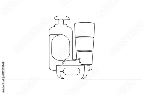 Continuous one line drawing of Hydrating facial skincare set for annual sale. Single line drawing illustration of Skincare ads template. Cosmetic package concept vector art. Doodle line illustration.