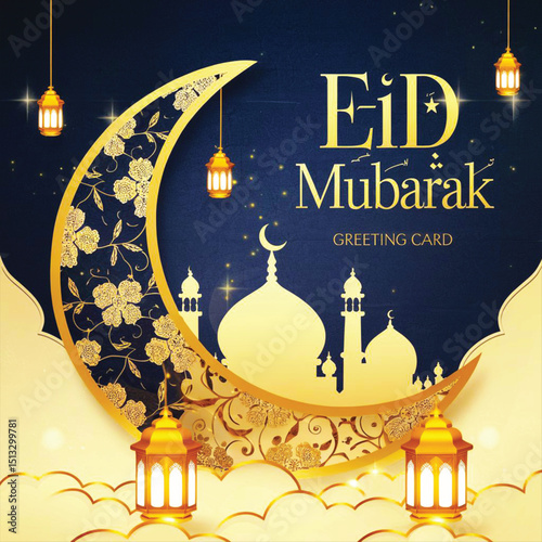 Elegant Eid Mubarak greeting card featuring a golden crescent moon adorned