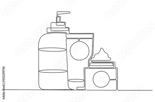 Continuous one line drawing of Hydrating facial skincare set for annual sale. Single line drawing illustration of Skincare ads template. Cosmetic package concept vector art. Doodle line illustration.
